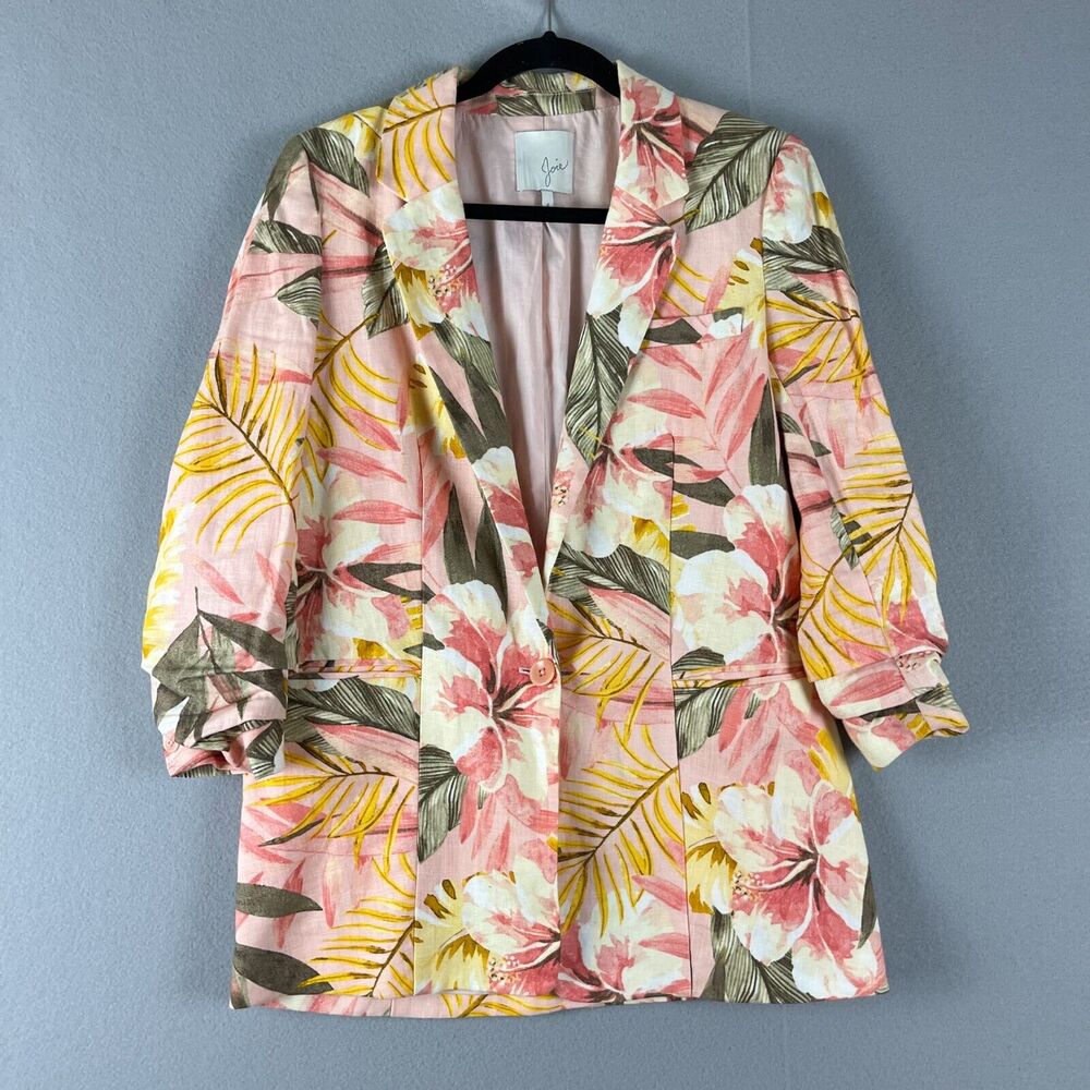 Joie Kishina Linen Blazer Womens 4 Pink Floral Tropical Hawaiian Career Office
